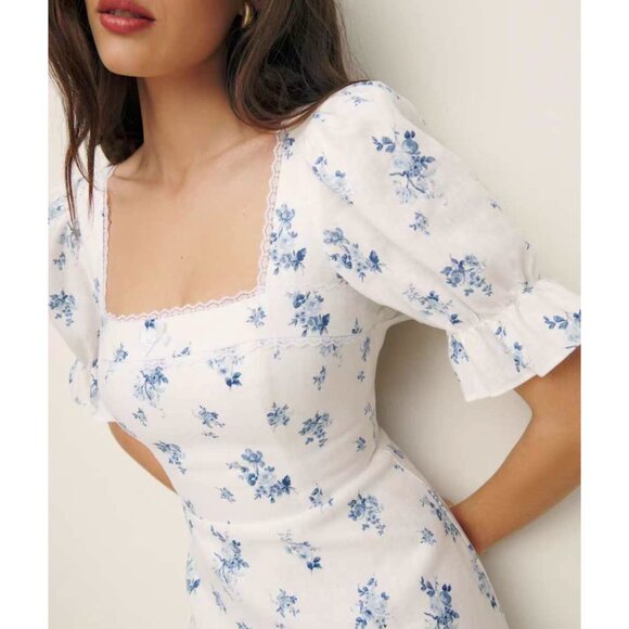 BEST Reformation Evianna Linen Mini Dress Delicacy Blue Ivory Floral Causal - Picture 3 of 14